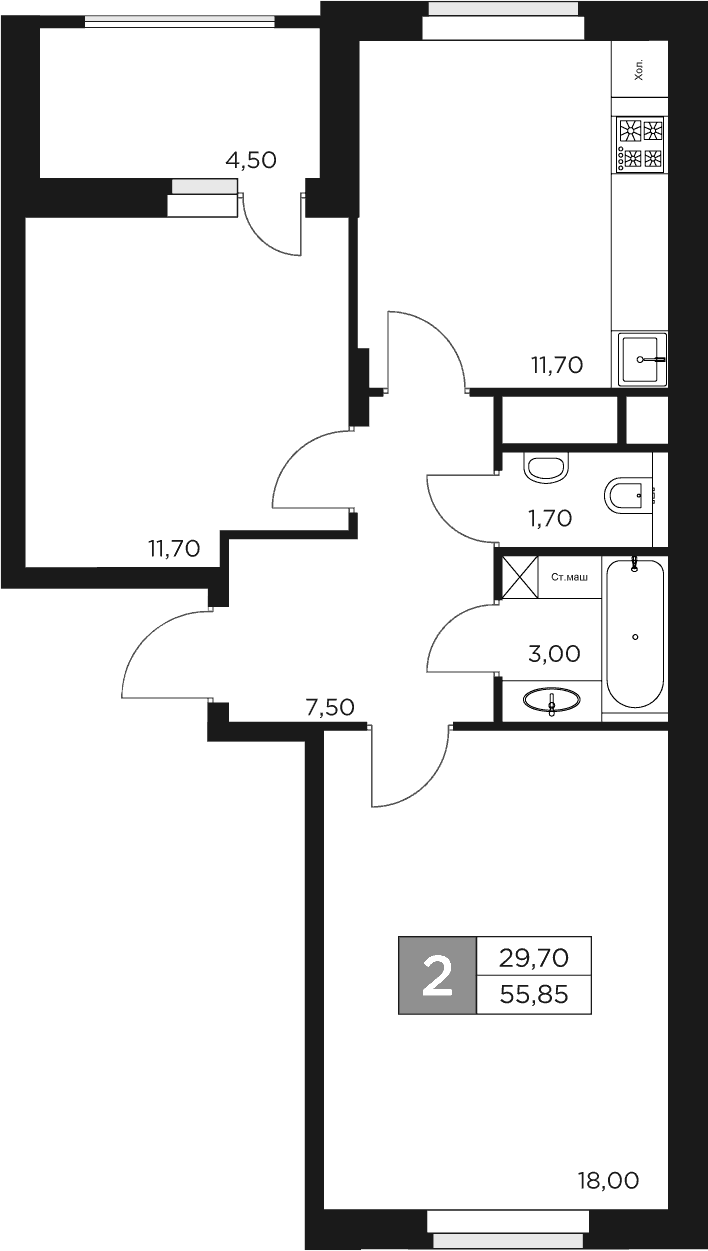 2-комн., 53.6 м², 12/17 этаж, ЖК «Восток 2»