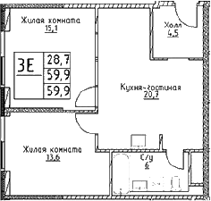 3-комн., 59.9 м², 23/29 этаж, ЖК «Наметкин Тауэр»