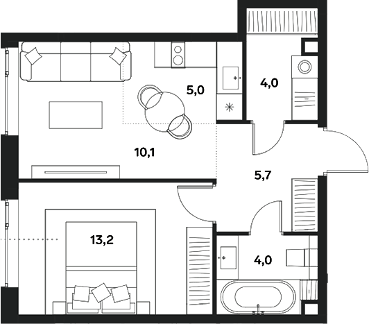 2-комн., 42 м², 26/30 этаж, ЖК «АЛИА»