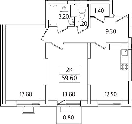 2-комн., 58.8 м², 4/19 этаж, ЖК «Видный Берег 2.0»