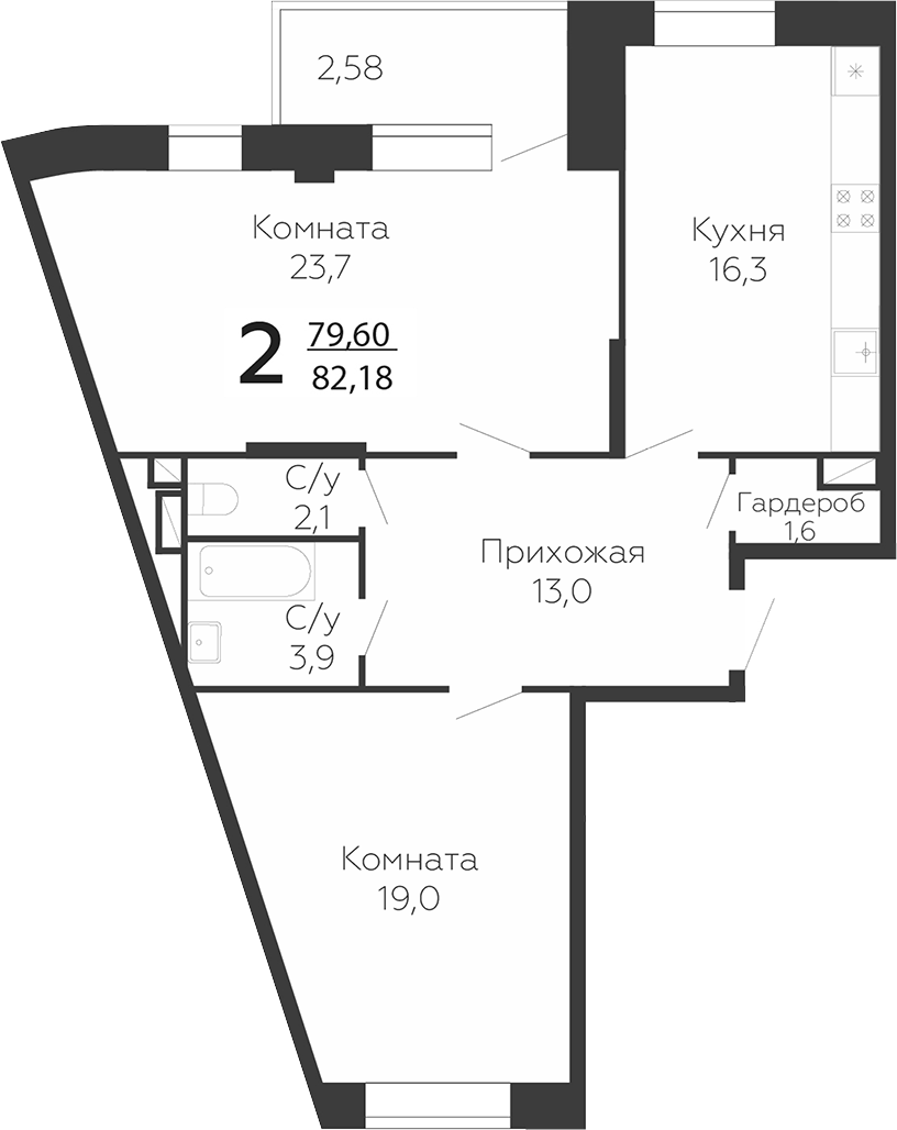 2-комн., 79.6 м², 17/22 этаж, ЖК «Онегин. ГК Развитие»