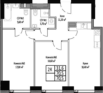 2-комн., 70.5 м², 3/35 этаж, ЖК «Мираполис»