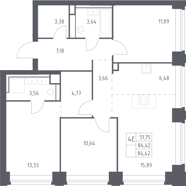 4+ комнаты, 84.42 м², 27/40 этаж, ЖК «НОВА»