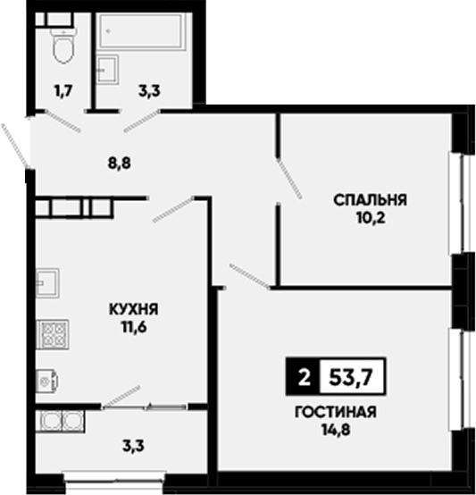2-комн., 50.4 м², 13/16 этаж, ЖК «Кварталы 17/77»