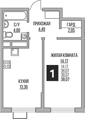 1-комн., 38.07 м², 8/16 этаж, ЖК «Гранель Алексеевская роща»
