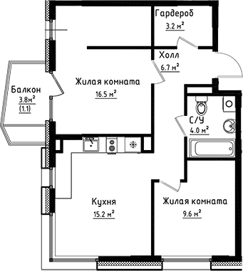 2-комн., 55.2 м², 5/6 этаж, ЖК «Коллекция»