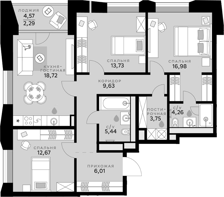4+ комнаты, 91.19 м², 5/8 этаж, ЖК «СберСити»
