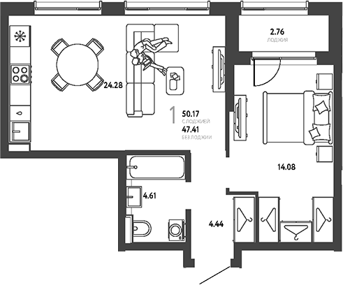 1-комн., 47.41 м², 8/19 этаж, ЖК «Страна.Парковая»