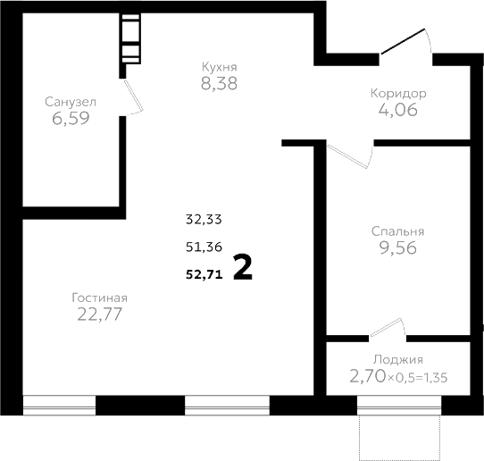 2-комн., 51.36 м², 14/16 этаж, ЖК «Твин парк»