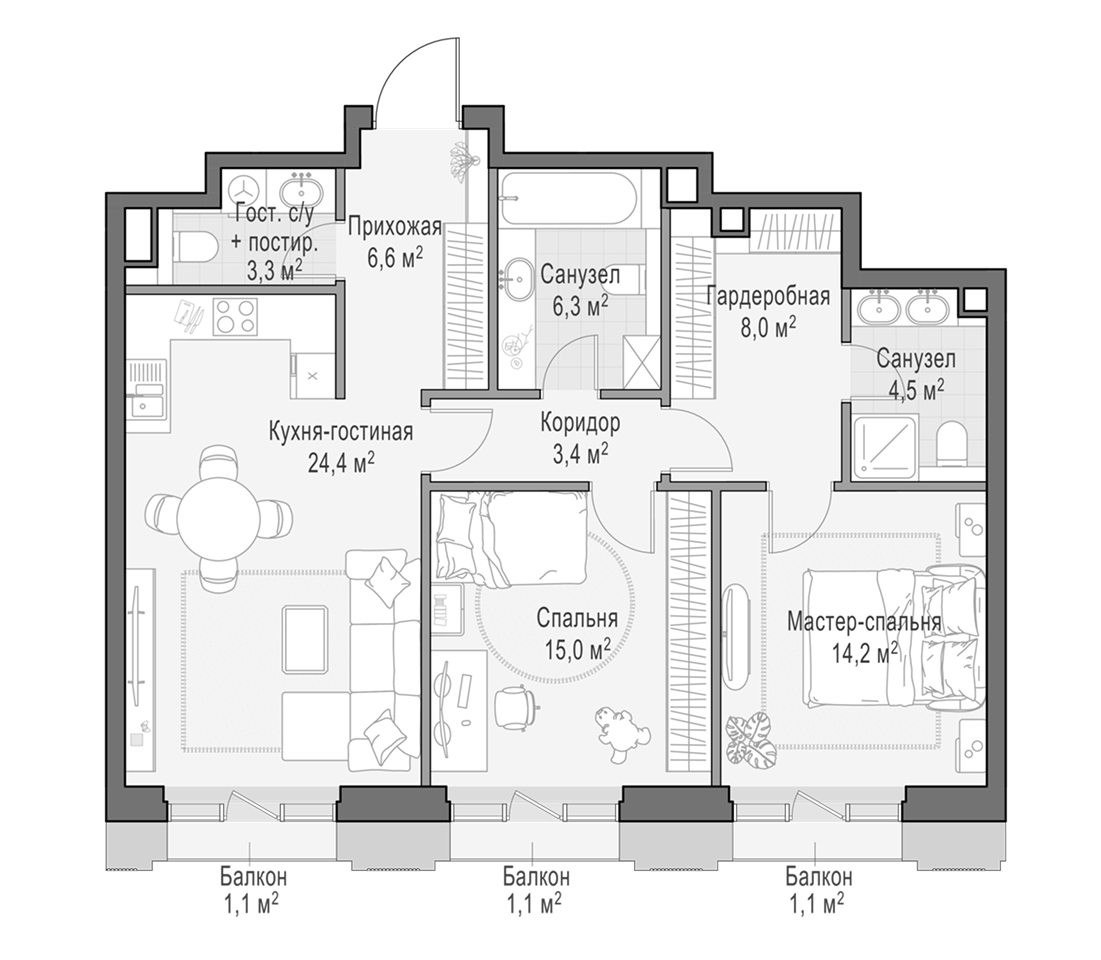 3-комн., 86.01 м², 2/9 этаж, ЖК «Квартал Тишинский бульвар»