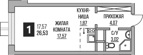 Студия, 26.53 м², 24/25 этаж, ЖК «Гранель Пехра»