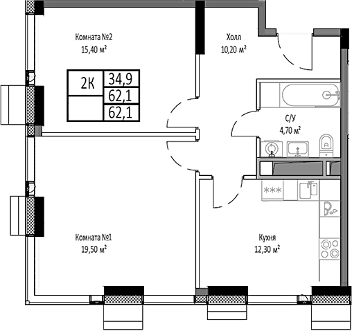 2-комн., 62.1 м², 24/35 этаж, ЖК «Мираполис»