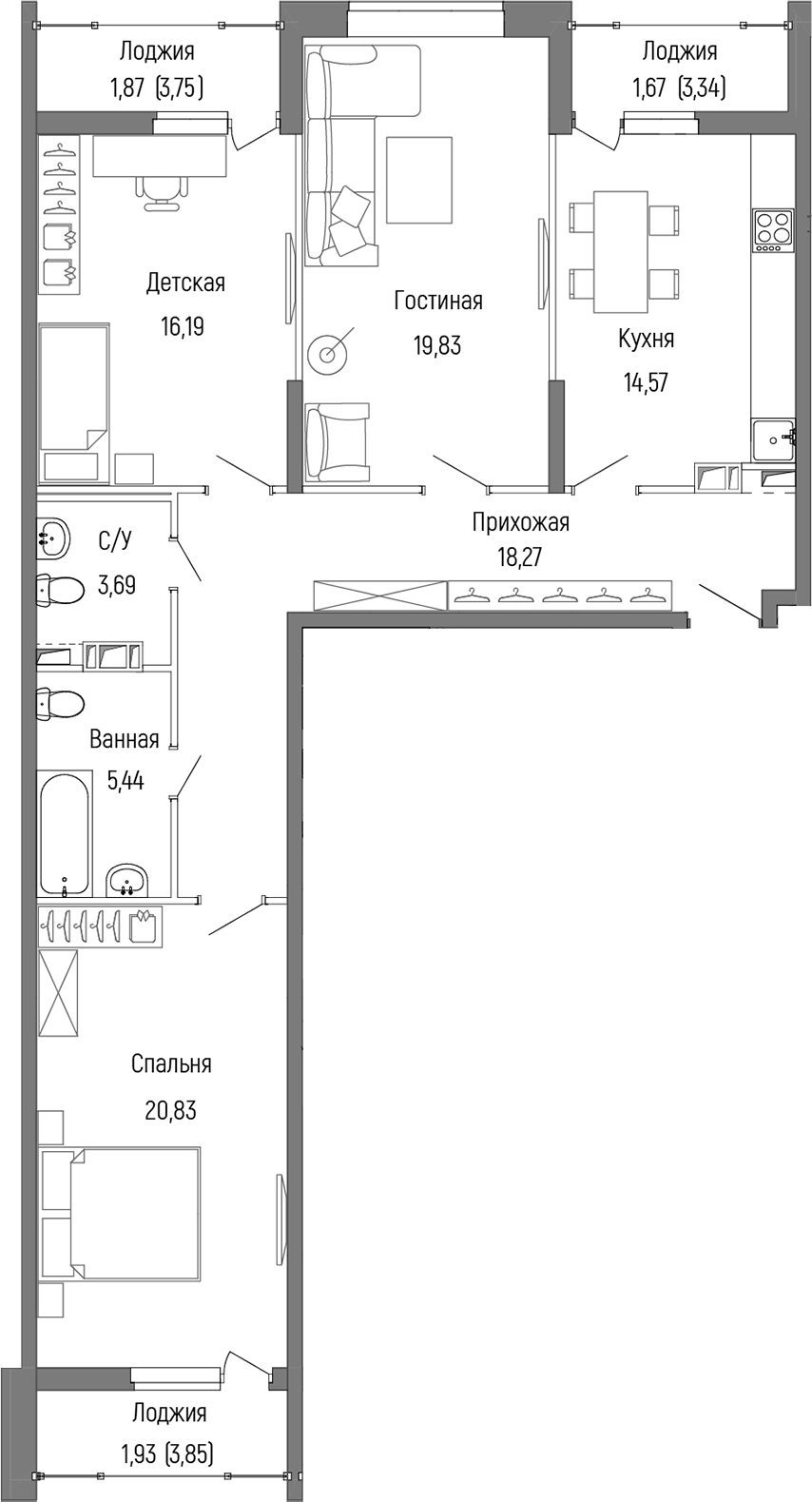 3-комн., 98.83 м², 3/9 этаж, ЖК «Рига Хиллс»
