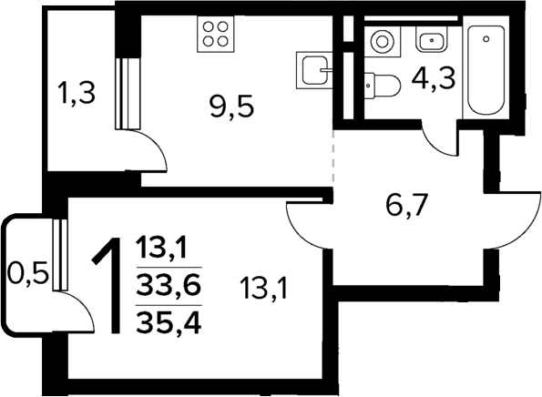 1-комн., 33.6 м², 12/14 этаж, ЖК «Новые Ватутинки Квартал у реки»