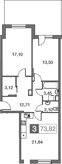 3-комн., 73.8 м², 1/4 этаж, ЖК «Равновесие»