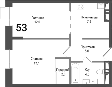 2-комн., 44.4 м², 2/8 этаж, ЖК «Киноквартал»