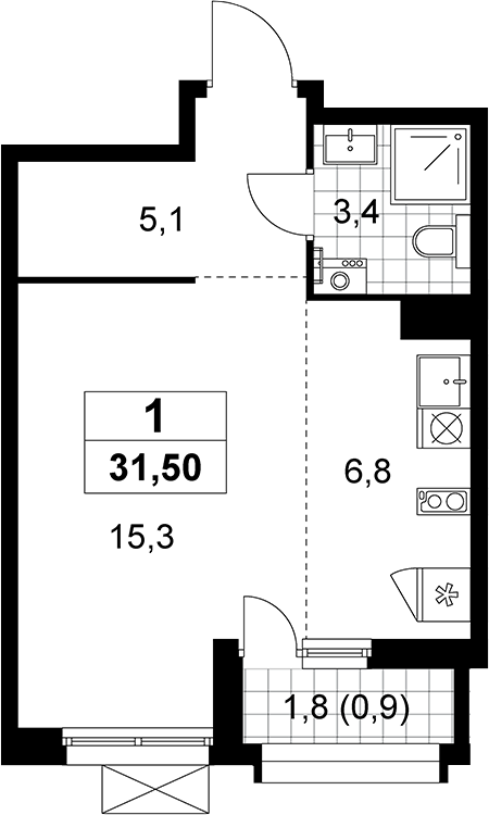 Студия, 30.6 м², 9/15 этаж, ЖК «Прокшино»