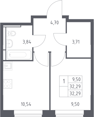1-комн., 32.29 м², 3/12 этаж, ЖК «Богдановский лес»