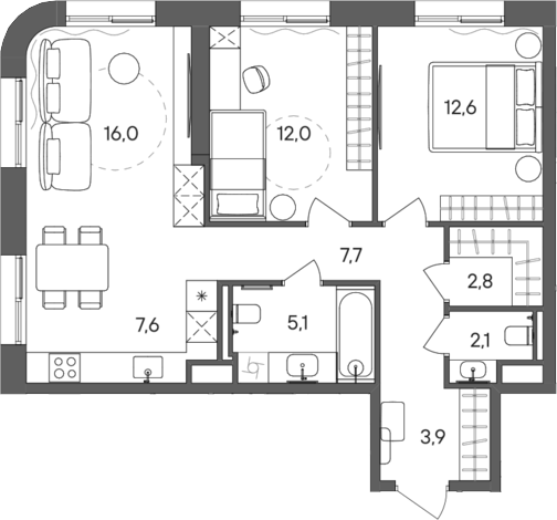 3-комн., 69.8 м², 2/28 этаж, ЖК «СТОУН Сокольники»