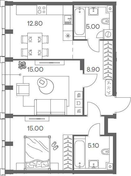2-комн., 61.8 м², 5/8 этаж, ЖК «Инджой»