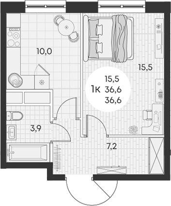 1-комн., 36.6 м², 7/15 этаж, ЖК «Грин Эппл»