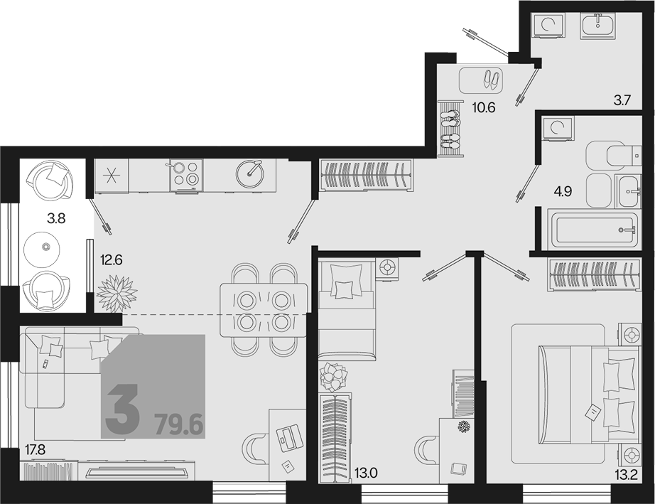 3-комн. квартира, 75.8 м² в ЖК Первое место — фото 2