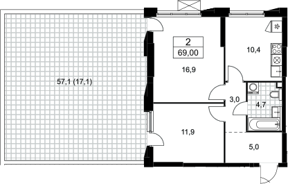 2-комн., 51.9 м², 2/22 этаж, ЖК «Бунинские кварталы»