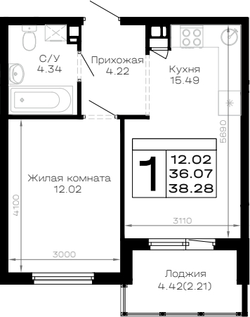 1-комн. квартира, 36.07 м² в ЖК Усадьба Гостагаевская — фото 2