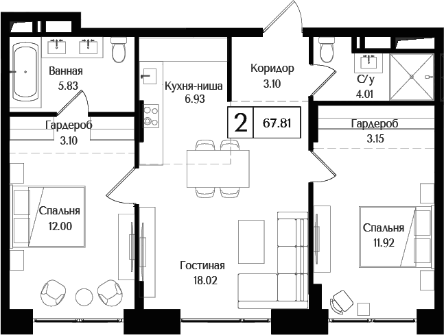 3-комн., 67.81 м², 6/6 этаж, ЖК «Преображенская площадь»