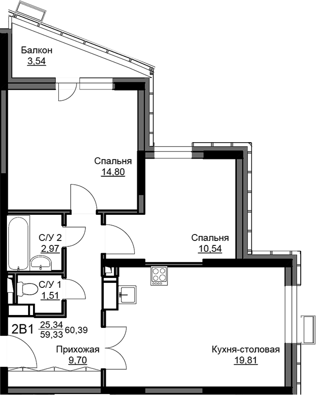 3-комн., 59.84 м², 13/17 этаж, ЖК «Соболевка»