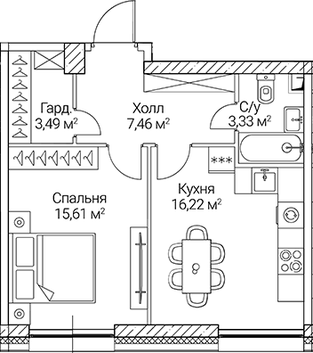 1-комн., 46.11 м², 36/51 этаж, ЖК «СЕЗАР СИТИ»