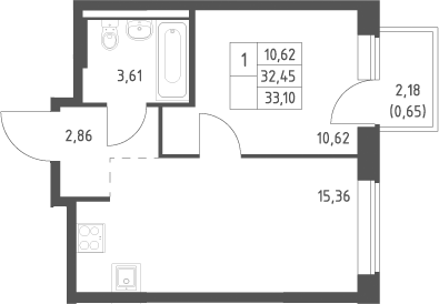 2-комн., 32.45 м², 6/12 этаж, ЖК «Большое Юрлово»