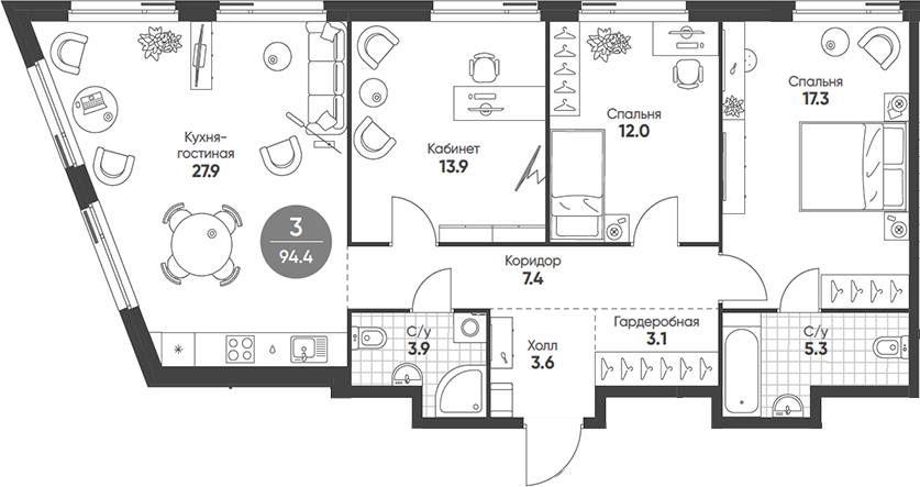 4+ комнаты, 94.4 м², 2/9 этаж, ЖК «Шагал»