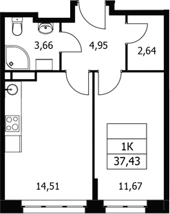 1-комн., 37.43 м², 6/21 этаж, ЖК «Волковская 67»