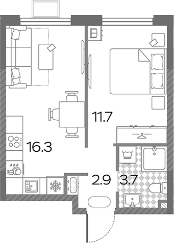 2-комн., 33.5 м², 20/20 этаж, ЖК «Лучи»