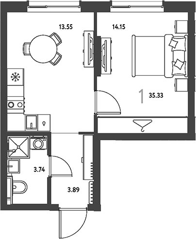 1-комн., 35.33 м², 7/19 этаж, ЖК «Страна.Парковая»