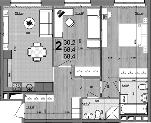 3-комн., 68.4 м², 2/18 этаж, ЖК «Гранд Комфорт»