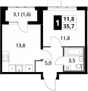 1-комн., 34 м², 15/16 этаж, ЖК «1-й Шереметьевский»