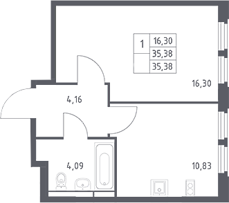 1-комн., 35.38 м², 3/16 этаж, ЖК «Космический Квартал»