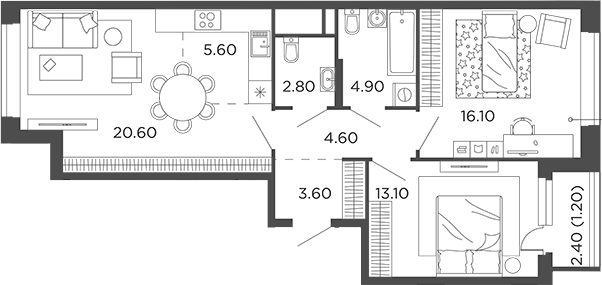 3-комн., 71.3 м², 19/22 этаж, ЖК «Филатов Луг»