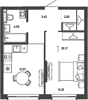 1-комн., 39.17 м², 8/18 этаж, ЖК «Страна.Парковая»