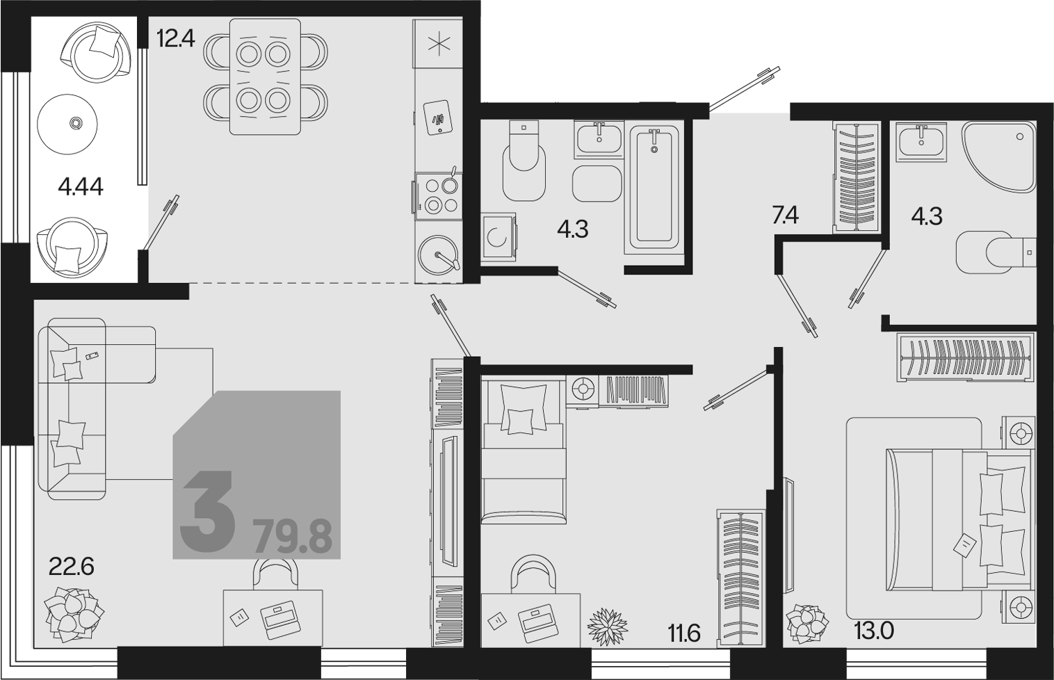 3-комн. квартира, 75.6 м² в ЖК Первое место — фото 2