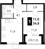 1-комн., 33.3 м², 16/18 этаж, ЖК «1-й Ясеневский»