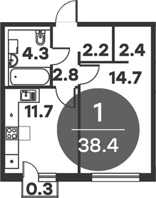 1-комн., 38.1 м², 5/6 этаж, ЖК «Равновесие»