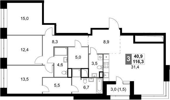 4+ комнаты, 114.8 м², 5/44 этаж, ЖК «Скай Гарден»