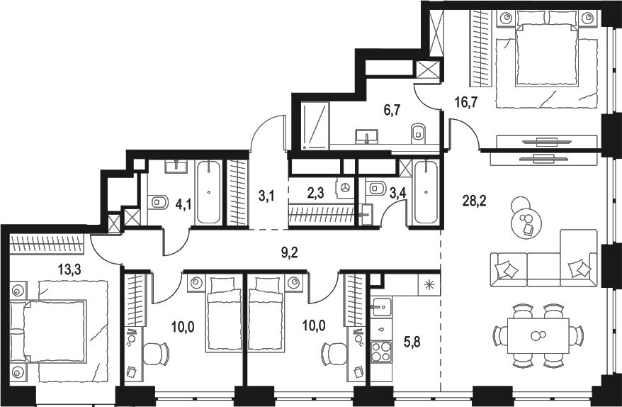 4+ комнаты, 112.8 м², 37/48 этаж, ЖК «Левел Звенигородская»
