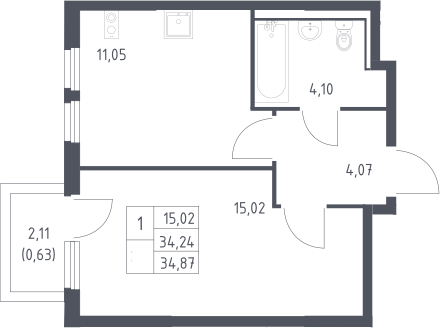 1-комн., 34.24 м², 14/17 этаж, ЖК «Пригород Лесное»