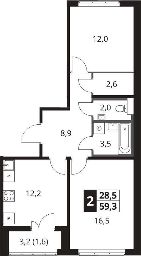 2-комн., 57.7 м², 21/24 этаж, ЖК «1-й Южный»
