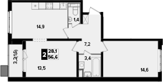 2-комн., 55 м², 3/24 этаж, ЖК «Южная Битца»