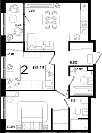 3-комн. квартира, 58.89 м² в ЖК Патрики — фото 2